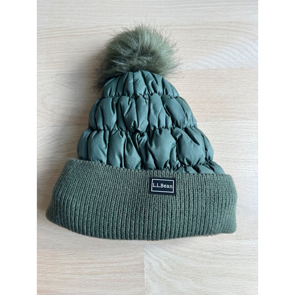 LL Bean Puffer Beanie Faux Fur Pom Pom Fleece Lined Green Winter Hat